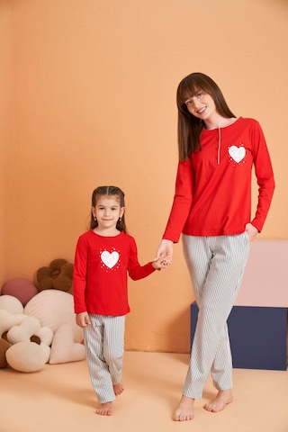 Pjs Kadın Anne-kız %100 Pamuklu Kalpli Desenli Çizgili Uzun Kollu Pijama Takım Kırmızı
