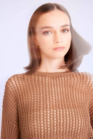 Defacto Regular Fit Bisiklet Yaka Kroşe Ajurlu Delikli Crop Triko Kazak T4513AZ24AUBG111 Bej