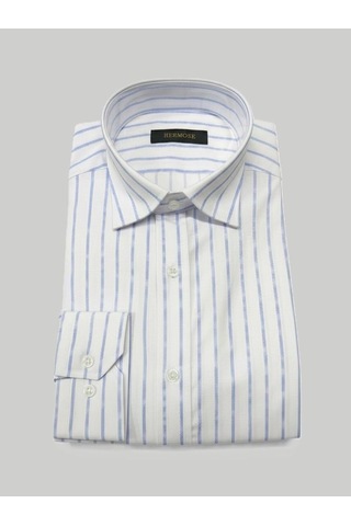 Hermose Beyaz Mavi Çizgili Modern Fit Erkek Gömlek
