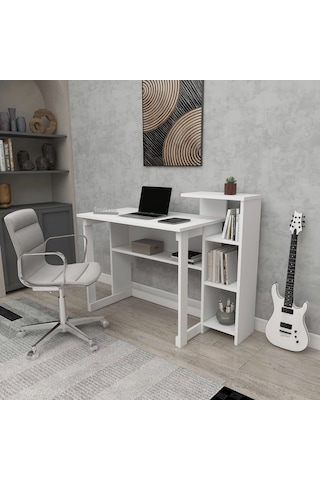 Saye 5 Raflı Kitaplıklı Çalışma Masası Beyaz Mat Beyaz