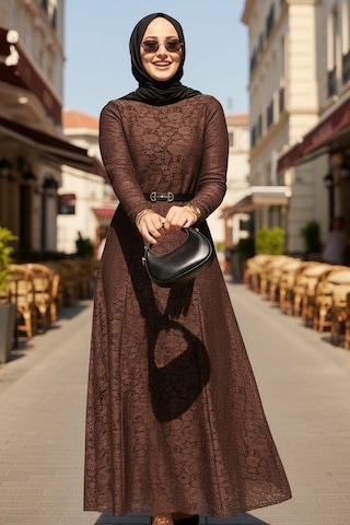 Bestenur Dantel İçi Astarlı Kemerli Elbise 1685 - Kahve Kahve