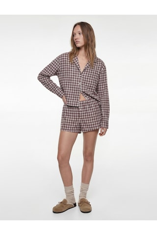 Koton Uzun Kollu Gömlek Yaka Oversize Crop Ekoseli Pijama Üstü Bordo Desenli 6wlk50050mw Bordo Desenli