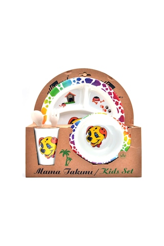 Köpek Melamin Bebek Mama Yemek Tabağı Kabı Bardak Kaşık 5li set Çok Renkli