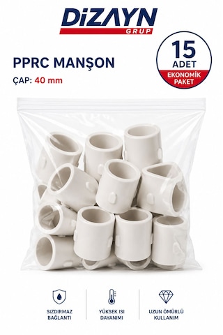 Dizayn Pprc Manşon 40 Mm 15 Adet Pn25 Temiz Su Tesisat Ek Parçası