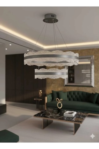 Bohem Aydınlatma Modern Dağ Modeli 40x60 3 Renk Led Kumandalı Salon Avizesi Beyaz Sarı Günışığı Krom