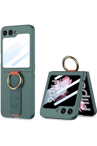Galxy Uyumlu Z Flip 6 Kılıf Kamera Korumalı Yüzüklü Karbon Tasarımlı Zore Flip Ring Kıpta Kapak-gri-yeşil Gri-yeşil