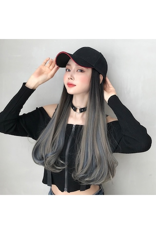 Cbtx Şapka Peruk Uzun Kıvırcık Saç Kap Uzun Saç Mikro Hacimli Peruk Degrade Aoki Gri Seçim Pus Mavisi 60 Cm