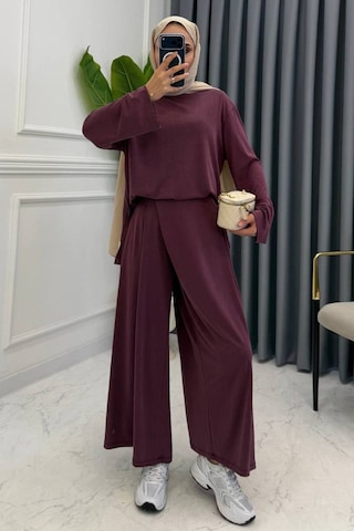 Balenbi Kadın Modal Kumaş Asimetrik Detaylı İkili Takım Geniş Paça Pantolon 1216 Bordo