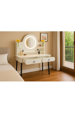 Vella Modern Led Işıklı Oval Makyaj Masası Raflı Ve Çekmeceli Beyaz