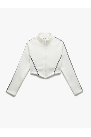 Koton Şerit Detaylı Dik Yaka Üç İplik Şardonlu Fermuarlı Crop Sweatshirt Ekru 6wal10209ık Ekru