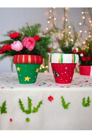 El Çizimi Yılbaşı Saksı Seti Kurabiye Ve Noel Şekerli Çok Renkli