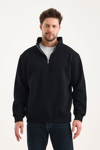 Unisex Sweatshirt Rahat Kesim Pamuklu Içi Polarlı Yarım Fermuarlı Dik Yaka Sweatshirt Siyah