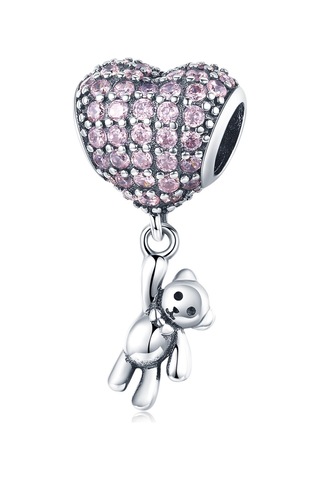 S925 Ayar Gümüş Ayı Balon Kalp Şeklinde Kakma Zirkonyum Pırlanta Dıy Boncuk Bilezik Aksesuarları, Stil: Boncuk Çok Renkli