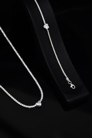 Papatya Silver 925 Ayar Gümüş Rodyum Kaplama Zirkon Taşlı Su Yolu, Tek Taş Kalp Kolye ve Bileklik Set