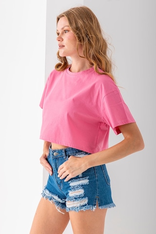 Giysa Kadın Bisiklet Yaka %100 Pamuk Basic Crop T-shirt Pembe - 925007 Pembe