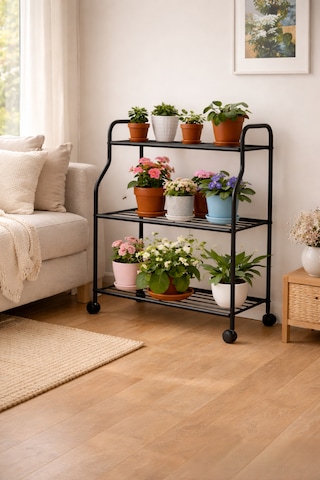 Modern Siyah 3 Katlı Metal Tekerlekli Mutfak Ve Dekoratif Saksılık Çiçeklik Dayanıklı Raflı Stand-organizer Siyah
