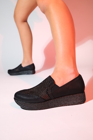 Luvishoes Purcan Siyah Simli Fileli Kalın Tabanlı Kadın Günlük Ayakkabı Siyah