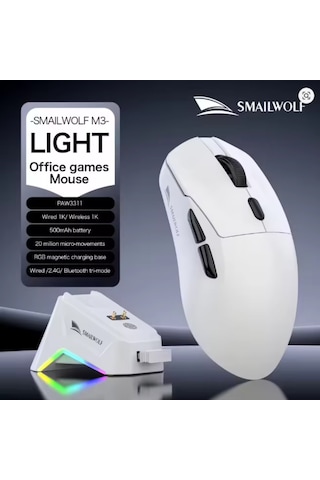 Smailwolf M3 Pro Plus Kablosuz Oyuncu Mouse Paw3311 Sensör - 3 Modlu 12000 Dpı Manyetik Şarj Standlı Rgb 65g Ultra Hafif Fare 1000hz 1k Hız