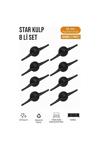 Lüks Star Kulp Siyah 32mm 8 Adet Mobilya,yatak Odası, Tv Ünitesi,çocuk Ve Genç Odası, Dolap Kulpu Siyah
