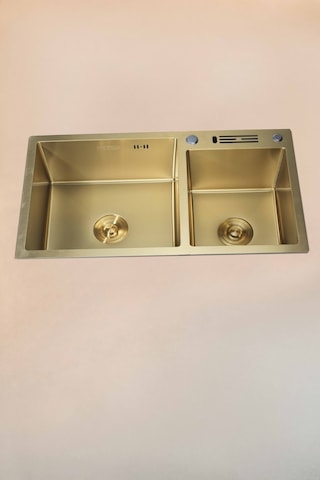 Sun Serisi %100 Krom 82x45 İki Göz Bıçak Yuvalı Paslanmaz Mutfak Eviyesi, Mutfak Lavabosu Gold