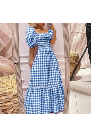 Vonda Yaz Kadın Ekose Kapalı Omuz Pilili Parti Uzun Elbise Zarif Ekose Tunik Ruffled Hem Gevşek Artı Boyutu Açık Mavi