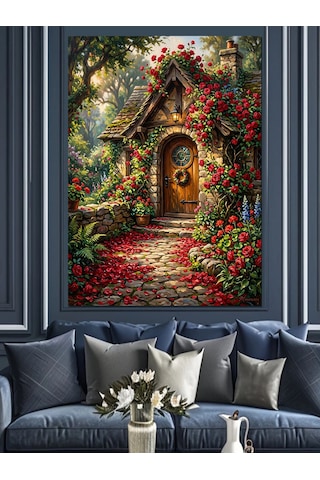 Güllü Kapılı Masal Evi Bahçesi Dekoratif Kanvas - Mdf Ahşap Tablo