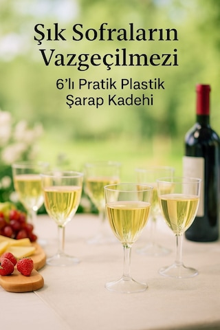 6 Lı Şeffaf Plastik Şarap Kadehi Düğün, Parti Ve Davet Sunumlarına Uygun Bardak
