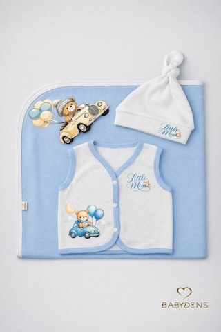 Babyden's Erkek Bebek 3 Lü Set Yenidoğan Bebek Seti, Jakarlı Battaniye, Şapka, Yelek 0-3 AY