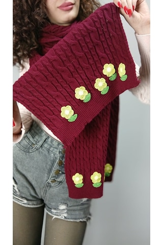 Gönülden Tasarım Bordo Örme Triko Çiçekli Kadın Şal Atkı Boyunluk 200x30 Cm Renkli