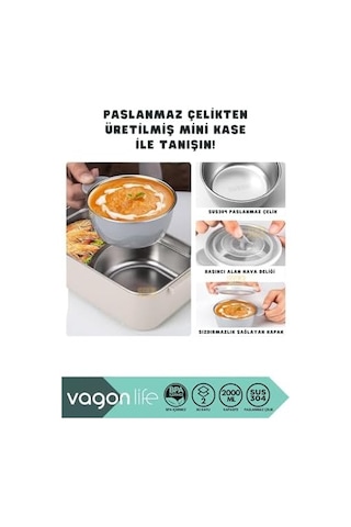 Bento 2000ml Lunchbox 2 Katlı 3 Bölmeli Mini Kaseli Çelik Sefer Tası Yemek Kutusu Beyaz Bakır