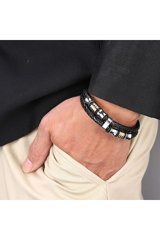 Erkek Klasik Bileklik Moda Takı Siyah Deri İp Zincir Charm Bileklik Spor Günlük Stil Siyah