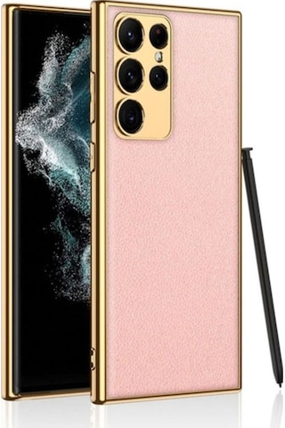 Galaxy S23 Ultra Kılıf Deri Görünümlü Kenarları Elektroplating Kaplama Zore Fizyon Kapak Pembe