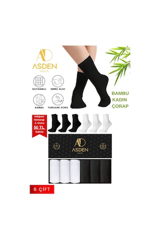 Asden Bambu Kadın Soket Çorap Beyaz Premium 6'lı Kutu, Burun Dikişsiz, Soft Yıkamalı 3 Siyah 3 Beyaz