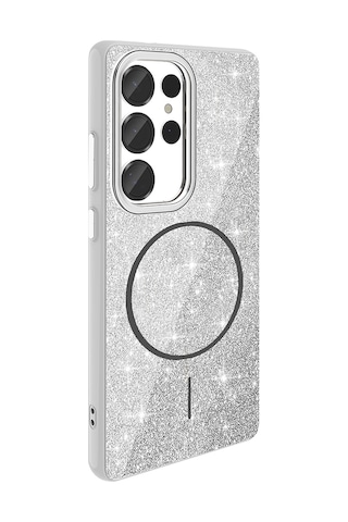 Samsung Uyumlu GalaxyS25 Ultra Kılıf M-safe Şarj Özellikli Parlayan Simli Okso Kılıf Beyaz