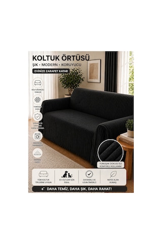 Premium Çizgili Kırık Beyaz Koltuk Örtüsü Kaymaz, Şık Ve Modern Tasarım Siyah