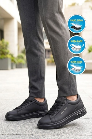 Walkway Erkek Siyah Bağcıklı Kalın Taban Erkek Casual Ayakkabı Sneaker 8078 Dashor M