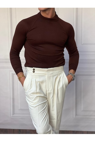 Modefendi Slimfit Kalıp Pamuklu Triko Yarım Balıkçı Triko Kazak Kahverengi