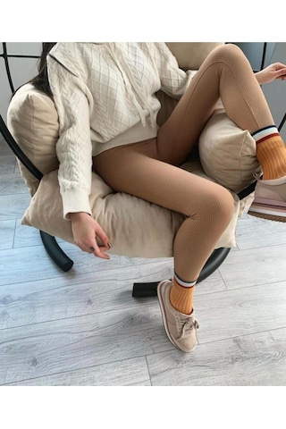 Ladymina Pijama Kadın Camel Yüksek Bel Dikişsiz Fitilli Taytcamels/M Camel