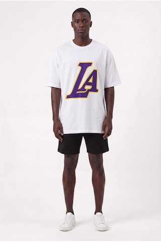 Usa La Baskılı Beyaz Oversize Erkek T-shirt 10837 Siyah