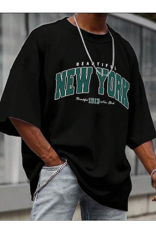 New York 1513 T-shirt - Siyah Baskılı Oversize Bisiklet Yaka Kısa Kol Tişört Siyah