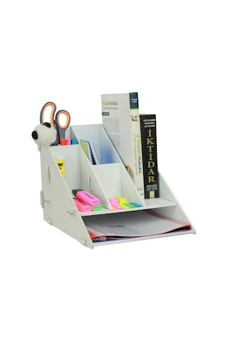 Evene Dosya Düzenleyici Masa Üstü Organizer Ahşap Evrak Raflı Model 4, Beyaz
