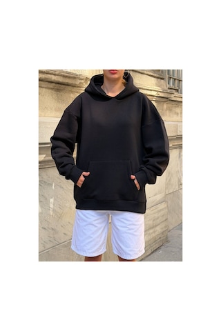 Zdnjeans Kadın Taşlı Kanat Baskılı Oversize Kapüşonlu Sweatshirt siyah