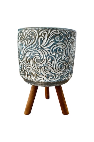 Bitki Tasarımı Ev Dekorasyon Mavi Eskitme Çiçek Desen Ayaklı Beton Saksı Çiçeklik Saksılık