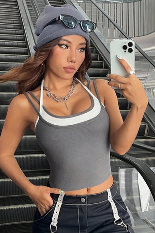 Epilons Zenvial Kadın Antrasit Gri Beyaz Çift Renk Çapraz Askılı Crop Top Bluz Zenviall2