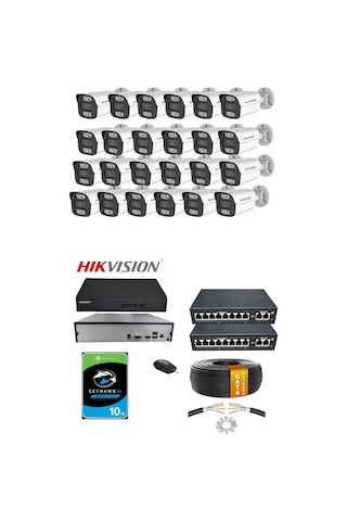 24'lü 5mp Ip Kamera Seti Bakır Cat6 Kablo Poe Hikvision Nvr İç/dış Mekan Gece Görüş Ses Kayıt Mobil İzleme 10tb Hdd Full Set