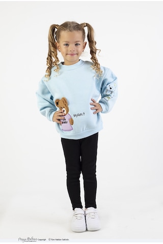 Kız Çocuk Orta Kalınlıkta Baskılı Örme Basic Taytlı Alt Üst Takımı Mavi