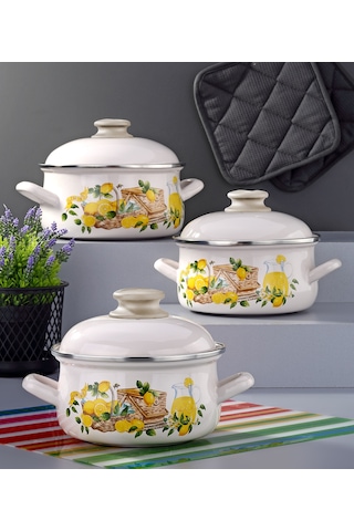 Bonera Emaye 6 Parça Krem Set Emaye Kapaklı - Limon Dekor Bonera Emaye 6 Parça Krem Set Emaye Kapaklı - Limon Dekor