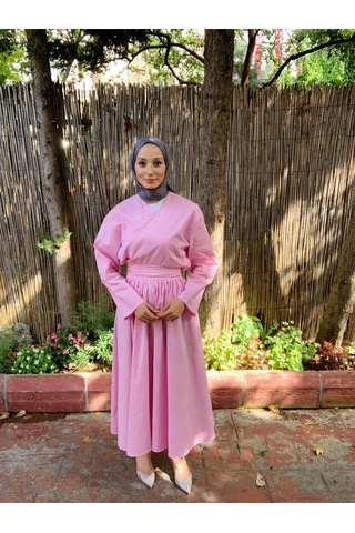 Butik Moda Etkm003 Üstü Bağlamalı Eteği Yandan Fermuarlı Takım Pembe 001