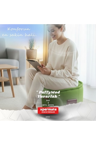 Dekoratif Yuvarlak Puf Orta Sehpa Puf 60x42 Cm Puffymod Yeşil