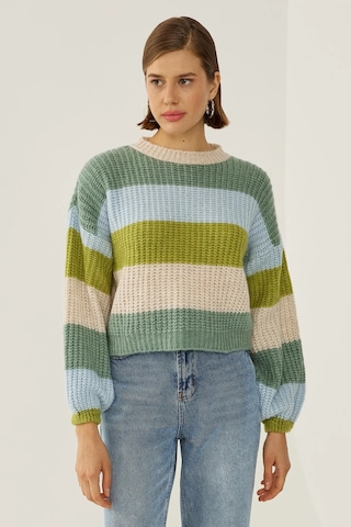 Hiccup Relaxed Fit Çizgili Triko Kazak Yeşil